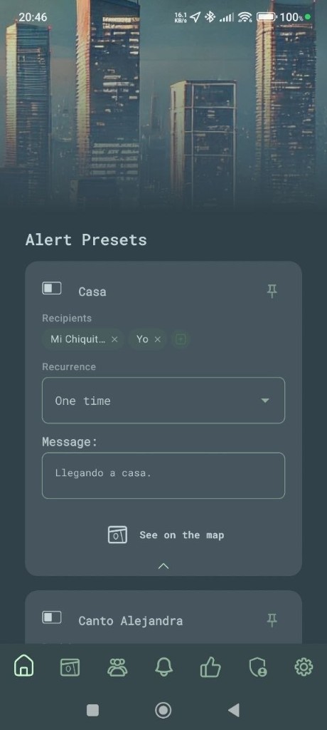 NotifyMe on a phone: Alert Presets with recipients and message